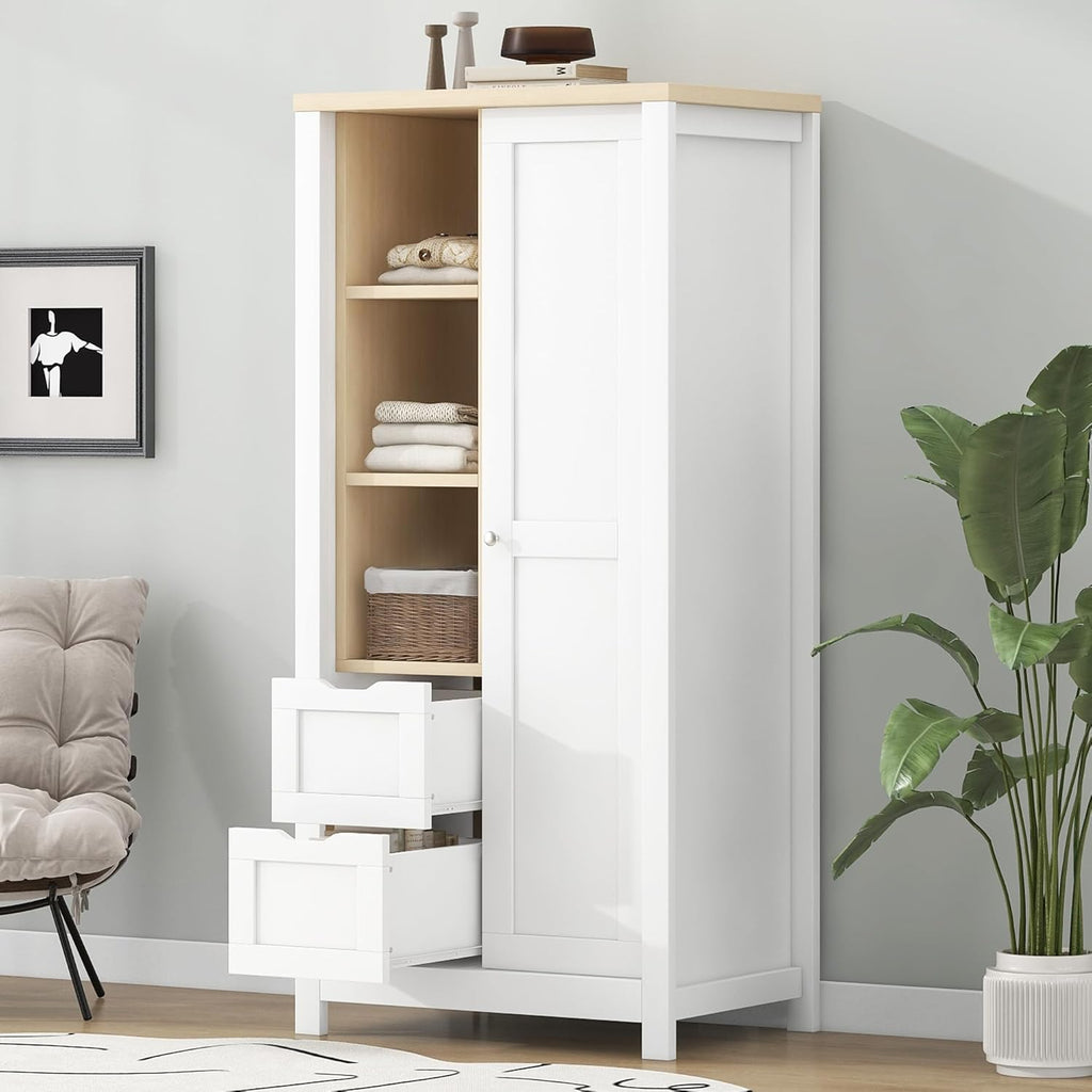 Wardrobe Closet Organizer with 2 Drawers and Hanging Rods White k7m