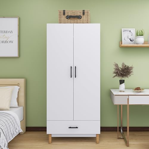 Armoire Wardrobe Closet Wood: 2 Drawers 2 Door Wardrobe Cabinet White with Large Capacity with Hanging Rod Handles for Bedroom Tall Armoire Storage Cabinet 31.5" L x 20.3" W x 74" H