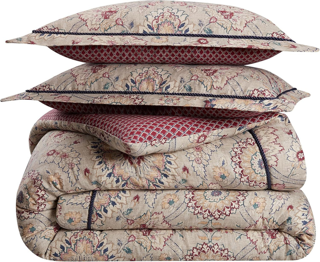 Cotton Comforter Set Queen, Beige & Maroon, 4 Piece Bedding a7