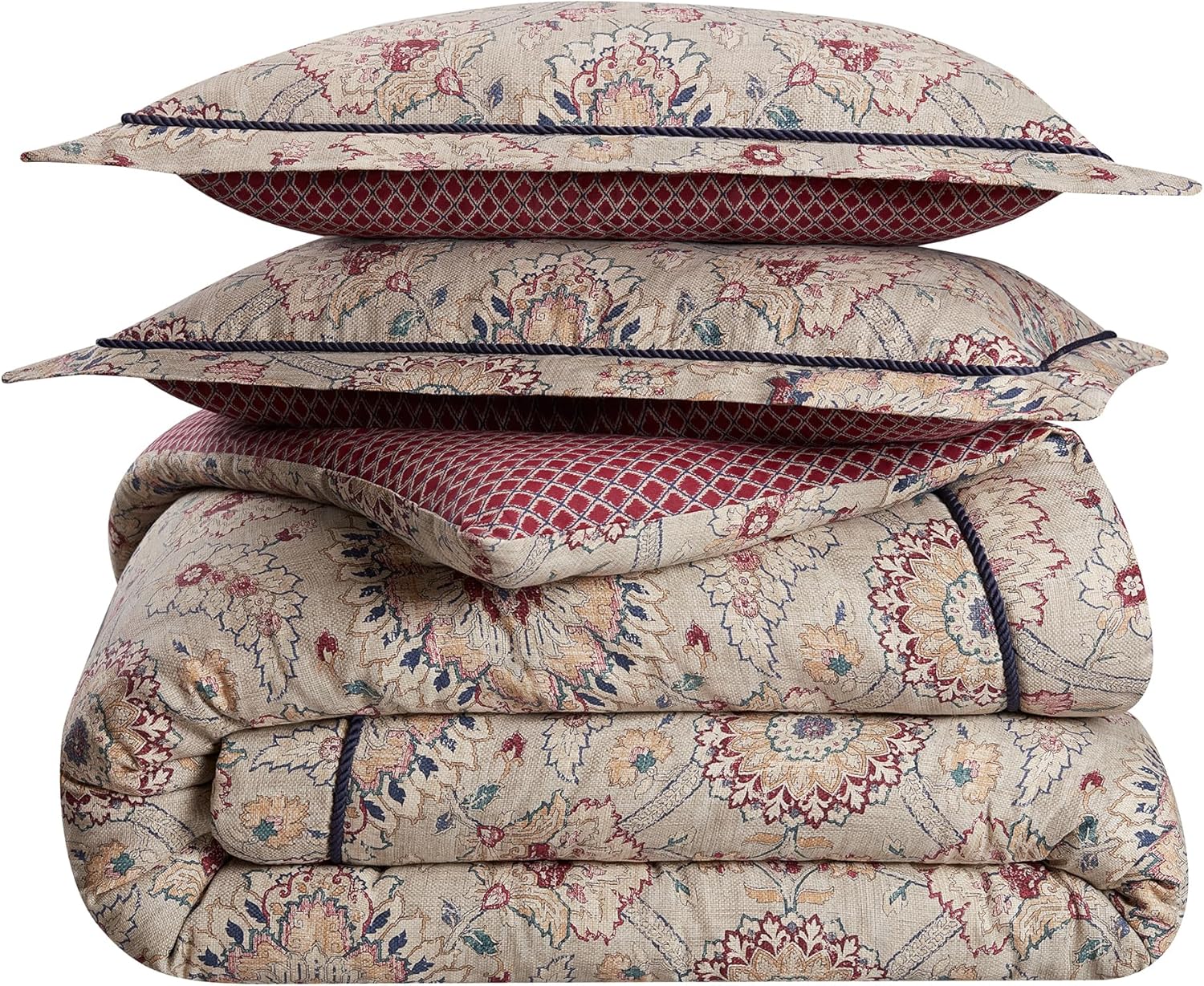 Cotton Comforter Set Queen, Beige & Maroon, 4 Piece Bedding a7