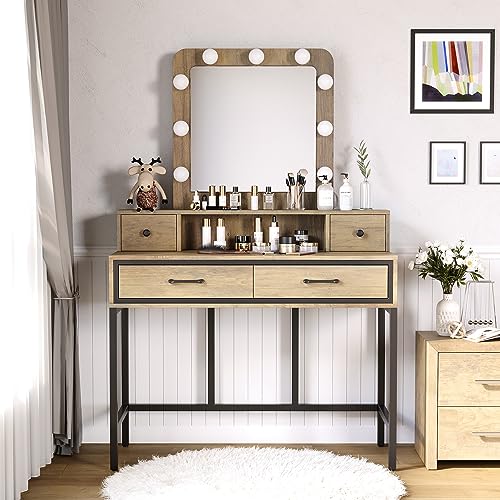 Sunvivi Vanity, Makeup Vanity Desk with 3 Color Dimmable Lighted Hollywood Mirror, White Vanity with 4 Drawers, Large Dressing Table for Women Girls
