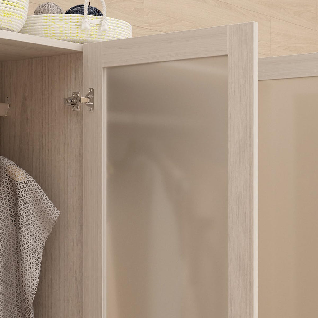 Armoire Wardrobe with 4 Frosted Glass Doors, Wooden Storage Cabinet for Bedroom k7