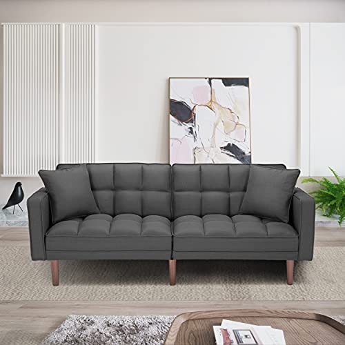 Convertible Futon Sofa Bed, Modern Linen Upholstered Folding Sofa Bed with Two Pillows, 75" Sofa Bed for Living Room Bedroom Apartment Small Space (Light Grey-Sleeper)