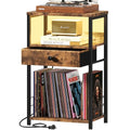 BOLUO Black Record Player Stand with Vinyl Storage and Drawer,Record Player Table with Charging Station and LED Light,Turntable Stand for Album CD