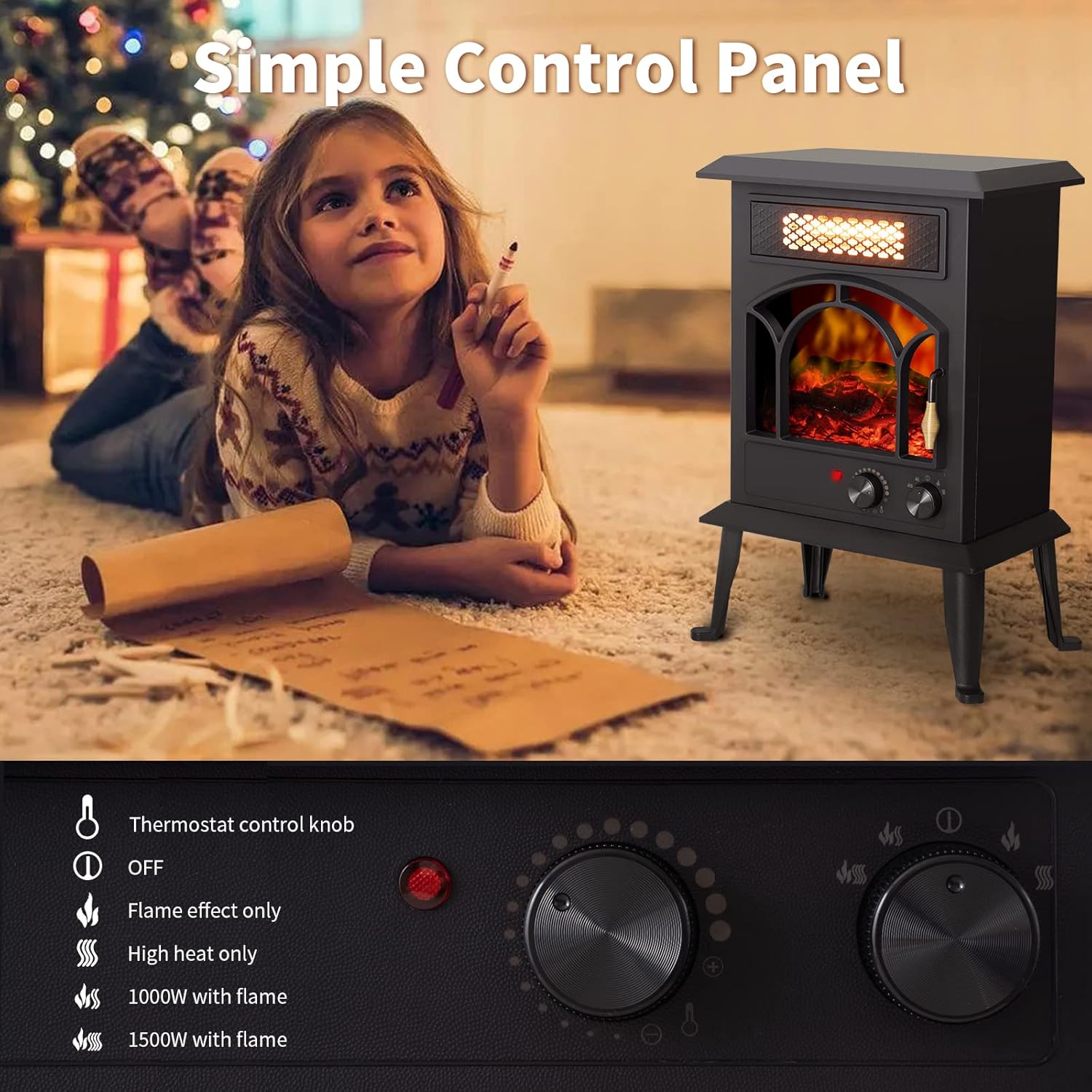 Electric Fireplace Heater 1500W Portable Infrared Stove with Flame Effects k7