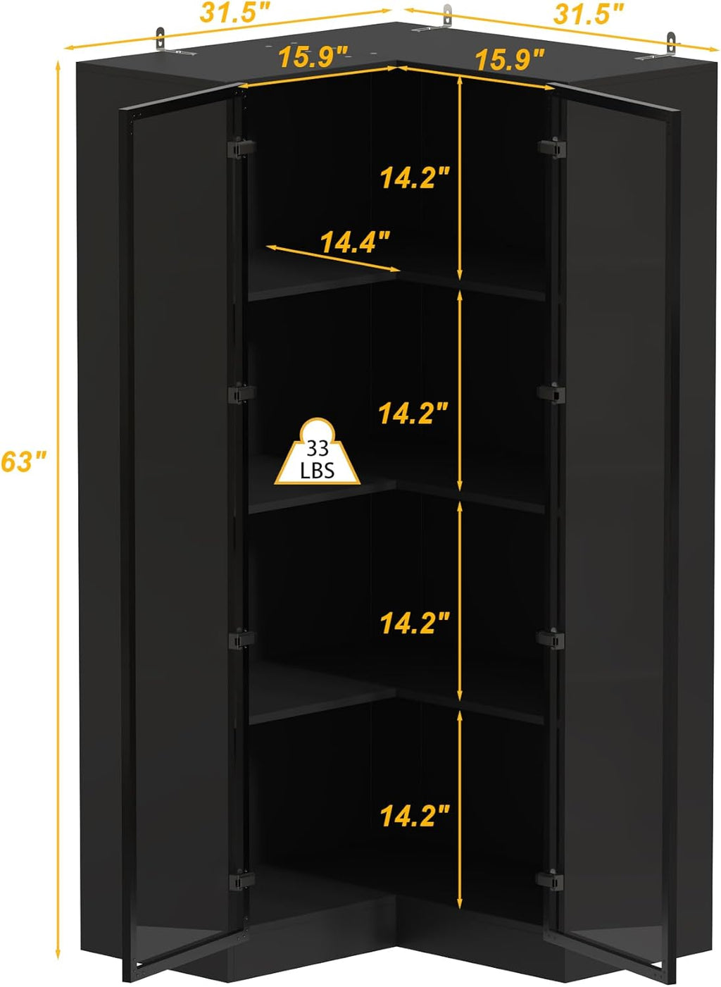 Corner Storage Cabinet with Glass Door and Light, 2 Doors 4 Shelves, Black 7k