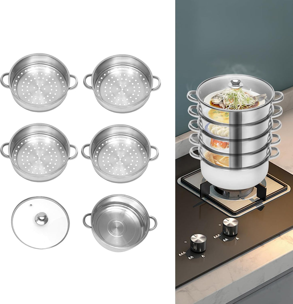 Stainless Steel 5 Tier Steamer Pot with Glass Lid a7