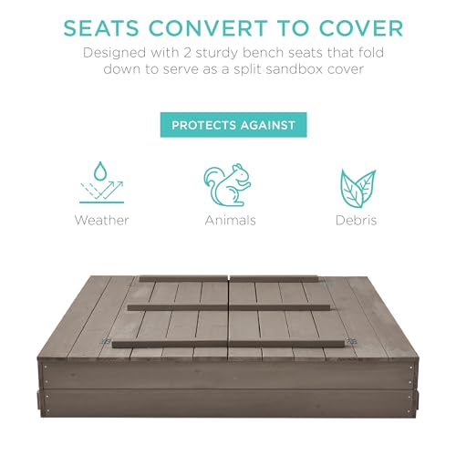Kids Outdoor Wooden Sandbox with Foldable Bench Seats a7
