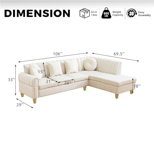 L-Shape Sectional Sofa with Curved Armrests White7k