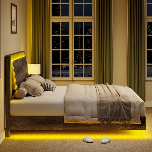 Rustic Grey Floating Platform Bed Frame with Headboard and LED Light k7m
