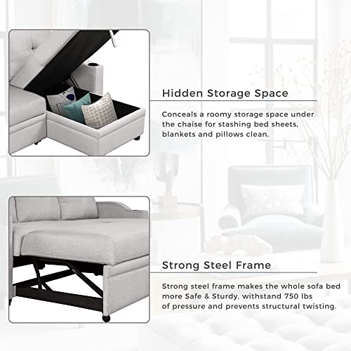 Pull Out Sofa Bed Linen Fabric 3 Seater with Storage Chaise k7p