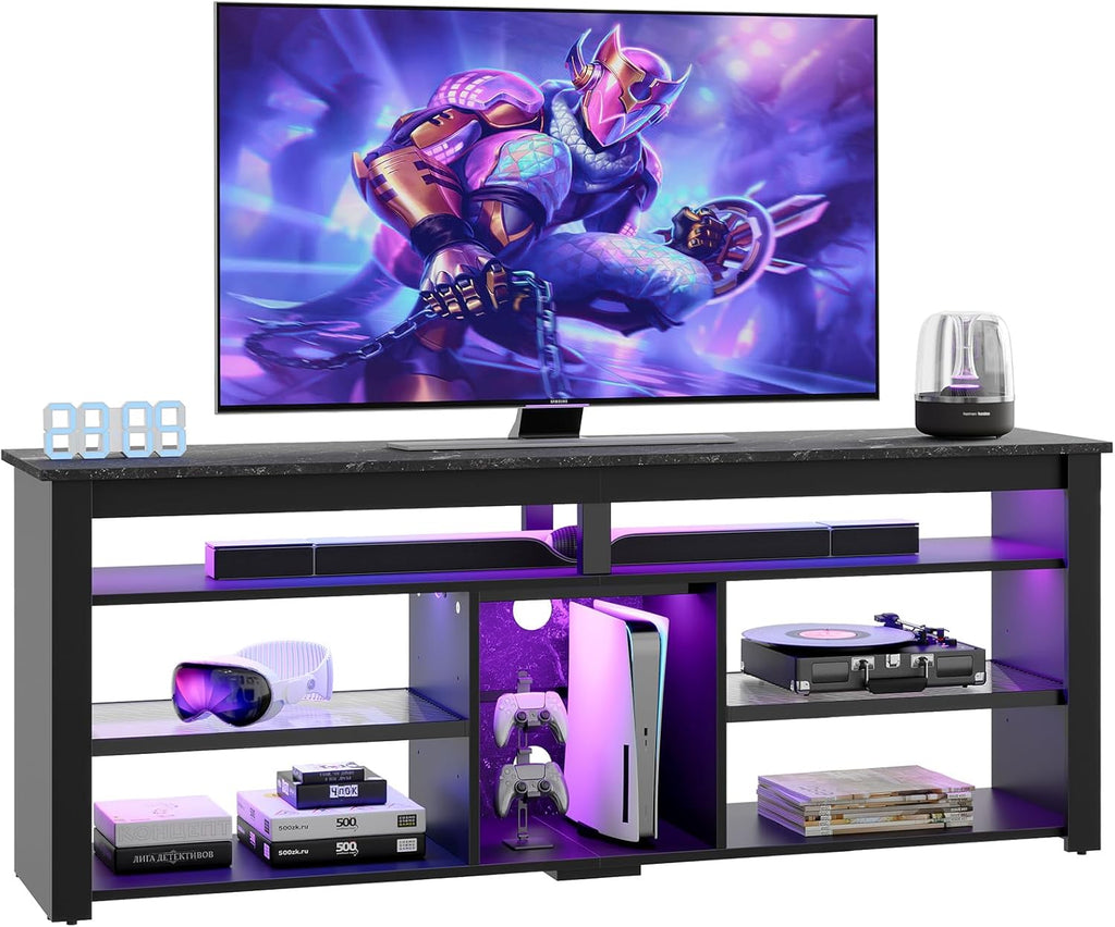 TV Stand for 65/70 inch TV, Entertainment Center with LED Lights, Storage Cabinet, Black Marble k7