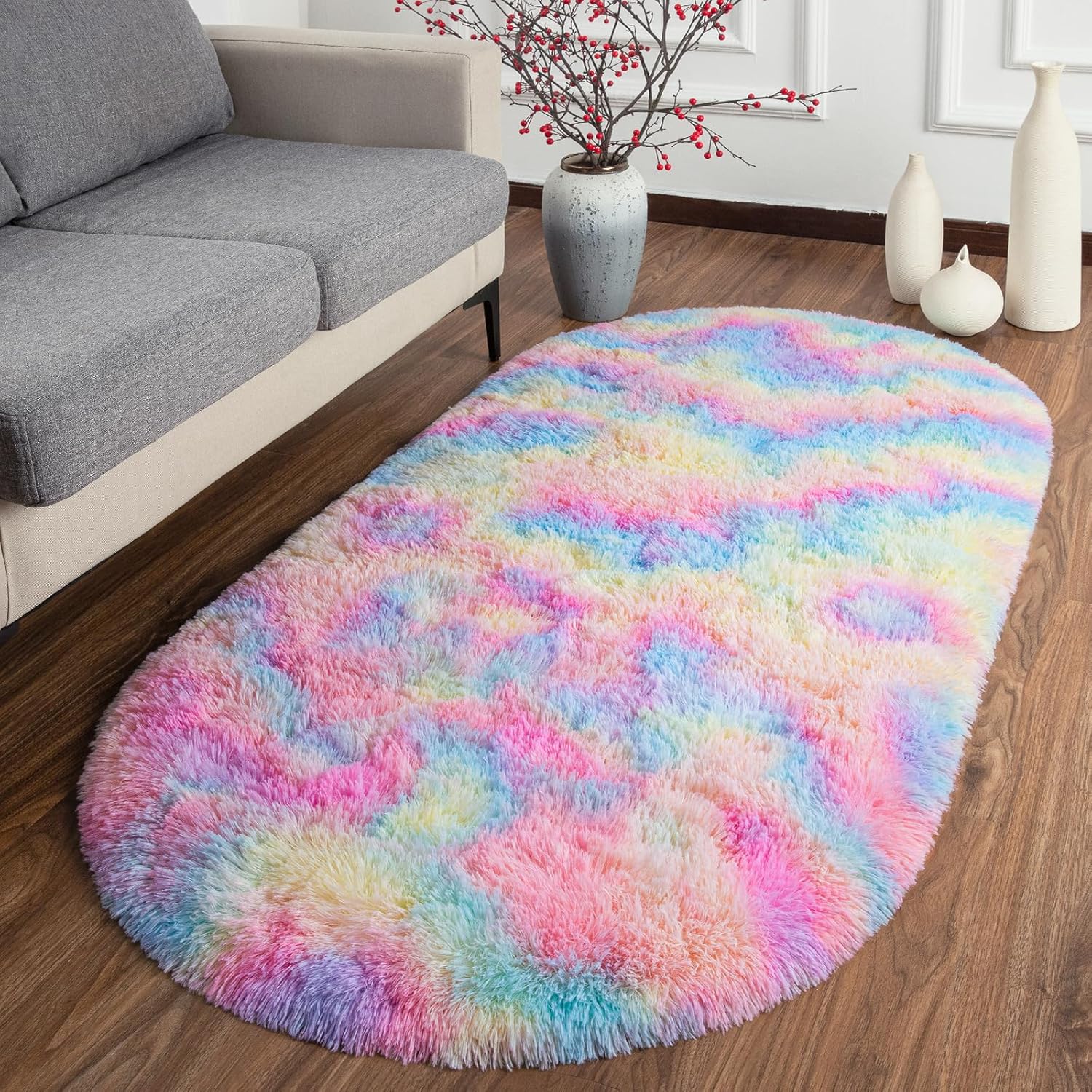 Fluffy Shag Area Rug for Bedroom Set of 2, Grey & Rainbow Oval Carpet k7m