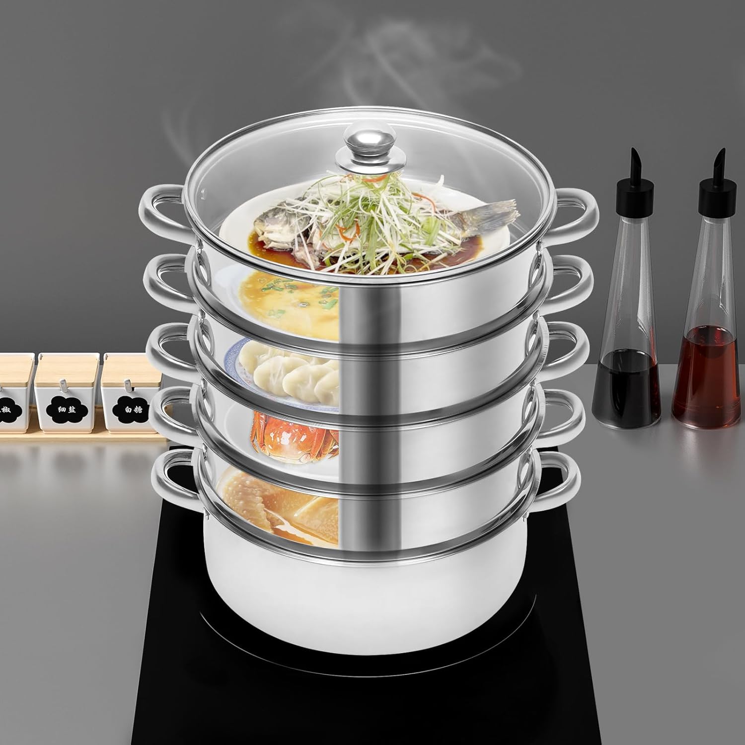 Stainless Steel 5 Tier Steamer Pot with Glass Lid a7