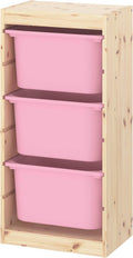 Ikea TROFAST storage combination with boxes, 44x30x91 cm, light white stained pine/pink