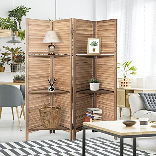 Room Divider with Shelves 4 Panels Folding Privacy Screen Brown k7