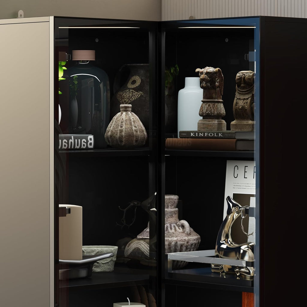 Corner Storage Cabinet with Glass Door and Light, 2 Doors 4 Shelves, Black 7k