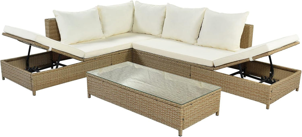 3-Piece Patio Rattan Sectional Sofa Set with Glass Table a7k