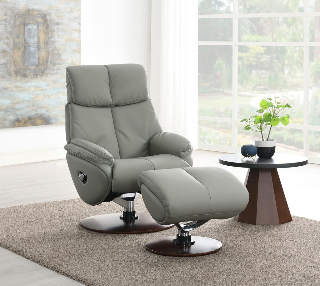 Leather Swivel Recliner Chair with Ottoman and Wooden Base, Gray a7