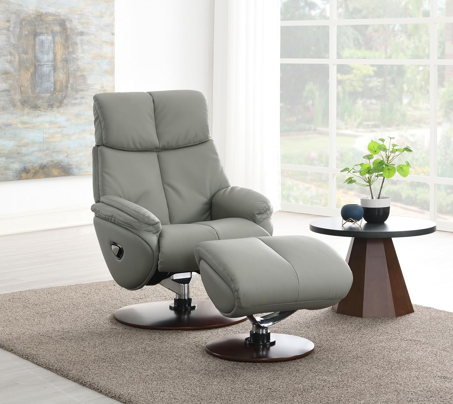 Leather Swivel Recliner Chair with Ottoman and Wooden Base, Gray a7