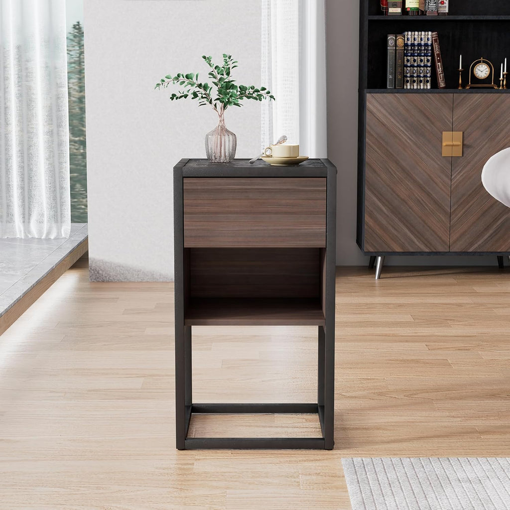 Farmhouse Side Table with Storage Drawer, Solid Wood Base k7m