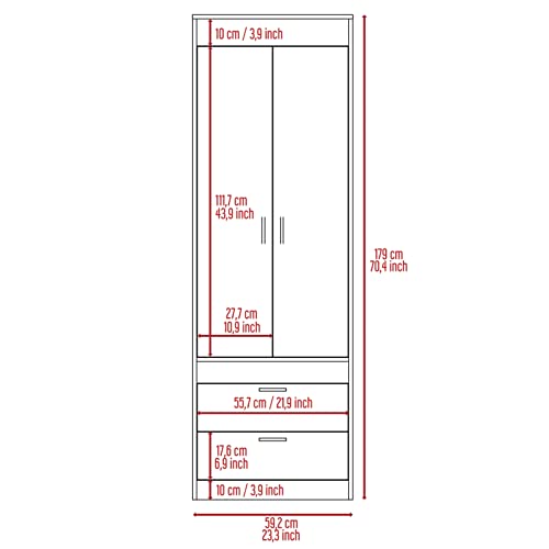 Wardrobe with 2 Doors and Drawer, Freestanding Wooden Closet for Bedroom, White a7