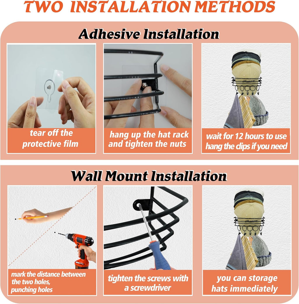 Wall Hat Rack with 10 Clips for Cap Storage, Black a7