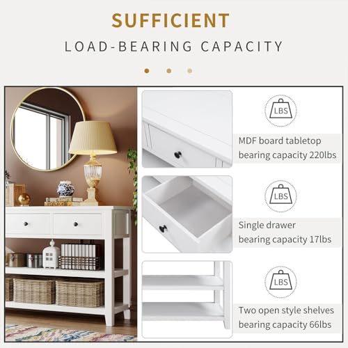 Console Hallway Table with 2 Shelves and 3 Drawers, Solid Wood, Beige k7m