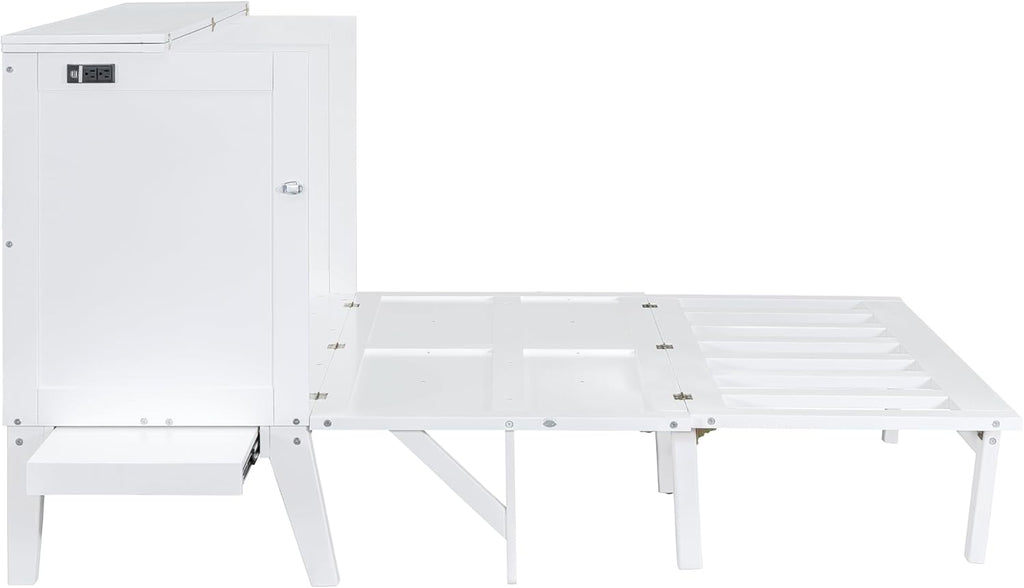White Wooden Murphy Bed with Desk and Charging Station a7