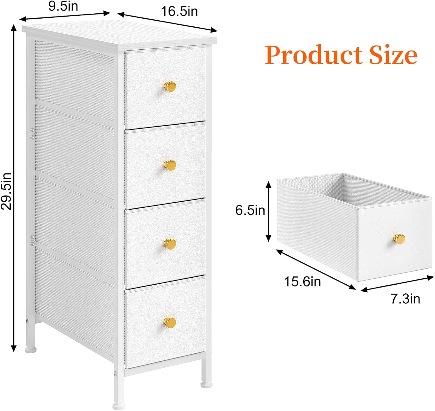 Narrow Storage Cabinet with 4 Drawers, Slim Fabric Tower for Small Spaces, White with Steel Frame and Wood Top k7m