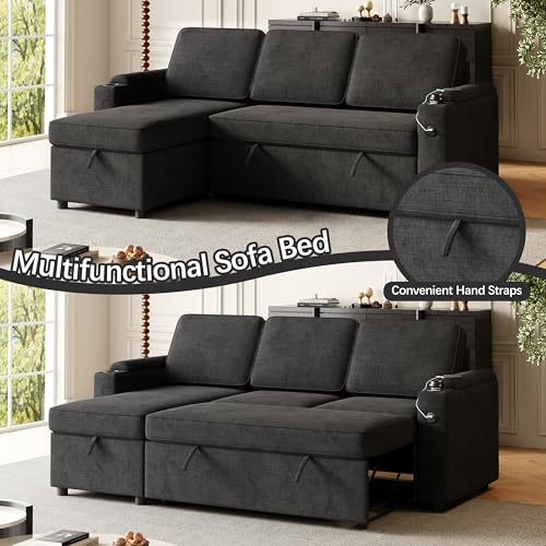 L-Shaped Sofa Bed with Chaise and Cup Holder, Dark Grey k7