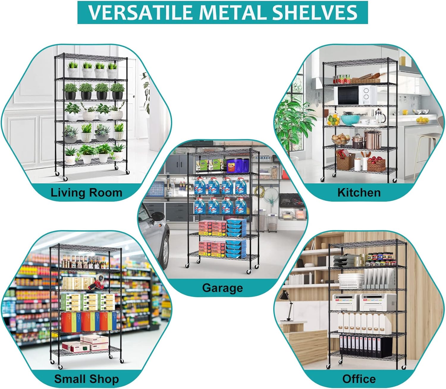 6 Tier Wire Shelving Rack, Heavy Duty Adjustable Storage with Wheels a7