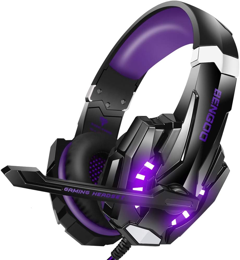 BENGOO Stereo Gaming Headset for PS4, PC, Xbox One Controller, Noise Cancelling Over Ear Headphones Mic, LED Light, Bass Surround, Soft Memory Earmuffs for Laptop Mac Nintendo Switch Games - Purple