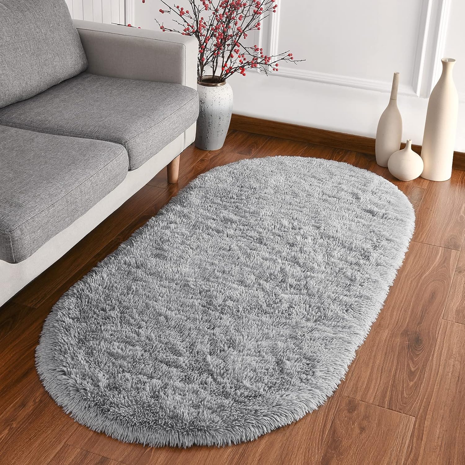 Fluffy Shag Area Rug for Bedroom Set of 2, Grey & Rainbow Oval Carpet k7m
