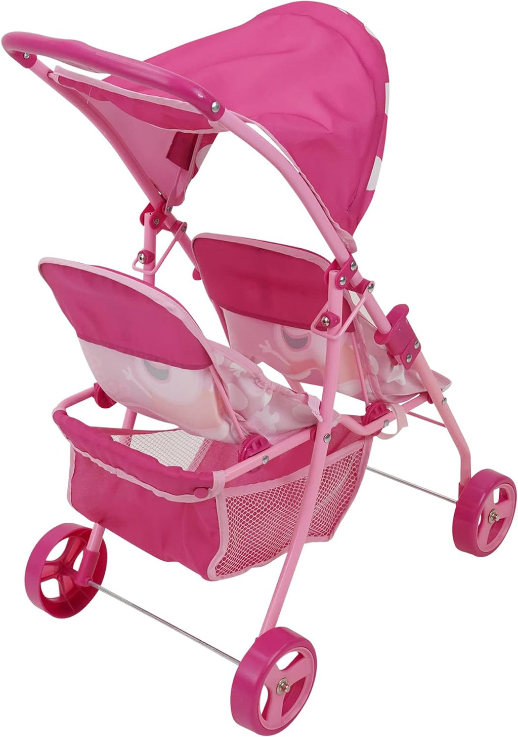 Doll Twin Stroller Pink White Dots Retractable Canopy Fits 24 Inch k7m