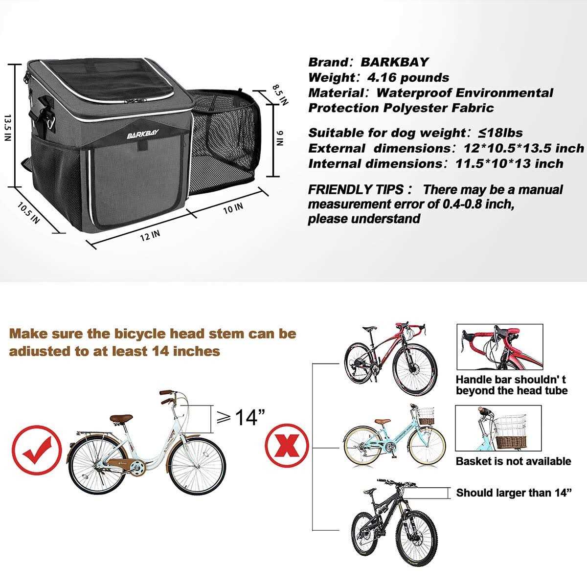 Dog Bike Basket Carrier Expandable Foldable Soft-Sided Pet Supplies k7m