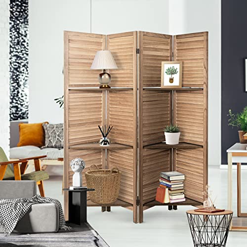 Room Divider with Shelves 4 Panels Folding Privacy Screen Brown k7