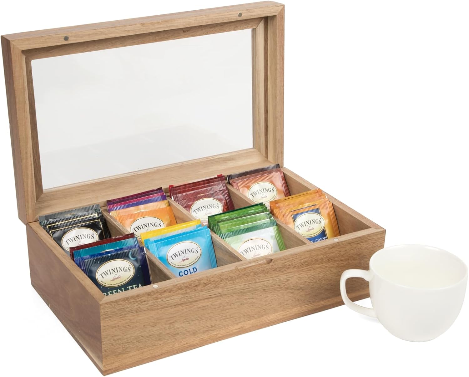 Tea Bag Organizer with Lid | Acacia Wood Tea Bag Storage Box w/ Clear Acrylic Magnetic Lid |Multifunctional Storage Box w/ 8 Compartments for Tea Bags, Jewelry | Easy Open Tea Box | Tea Bag Holder