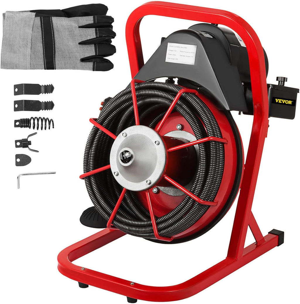 VEVOR 50 Ft x 3/8 Inch Machine Fits 1 to 4 Inch Pipes Portable Drain Cleaner with 8 Auger Bits, Red + Black