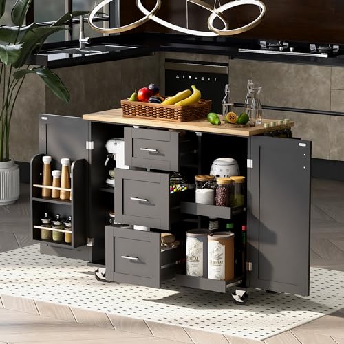Kitchen Island Cart with Storage and 3 Drawers on Wheels Grey Blue k7m