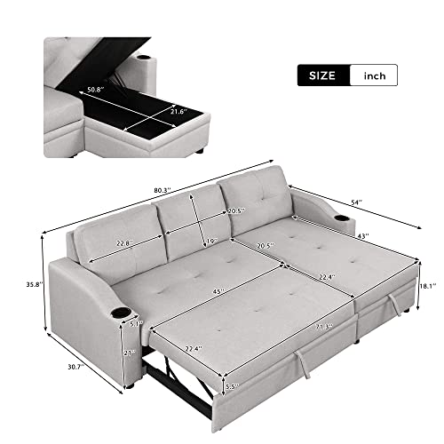 Pull Out Sofa Bed Linen Fabric 3 Seater with Storage Chaise k7p