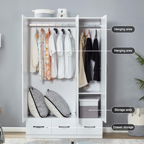 3-Door Armoire Wardrobe with 3 Drawers and Hanging Rod q7k