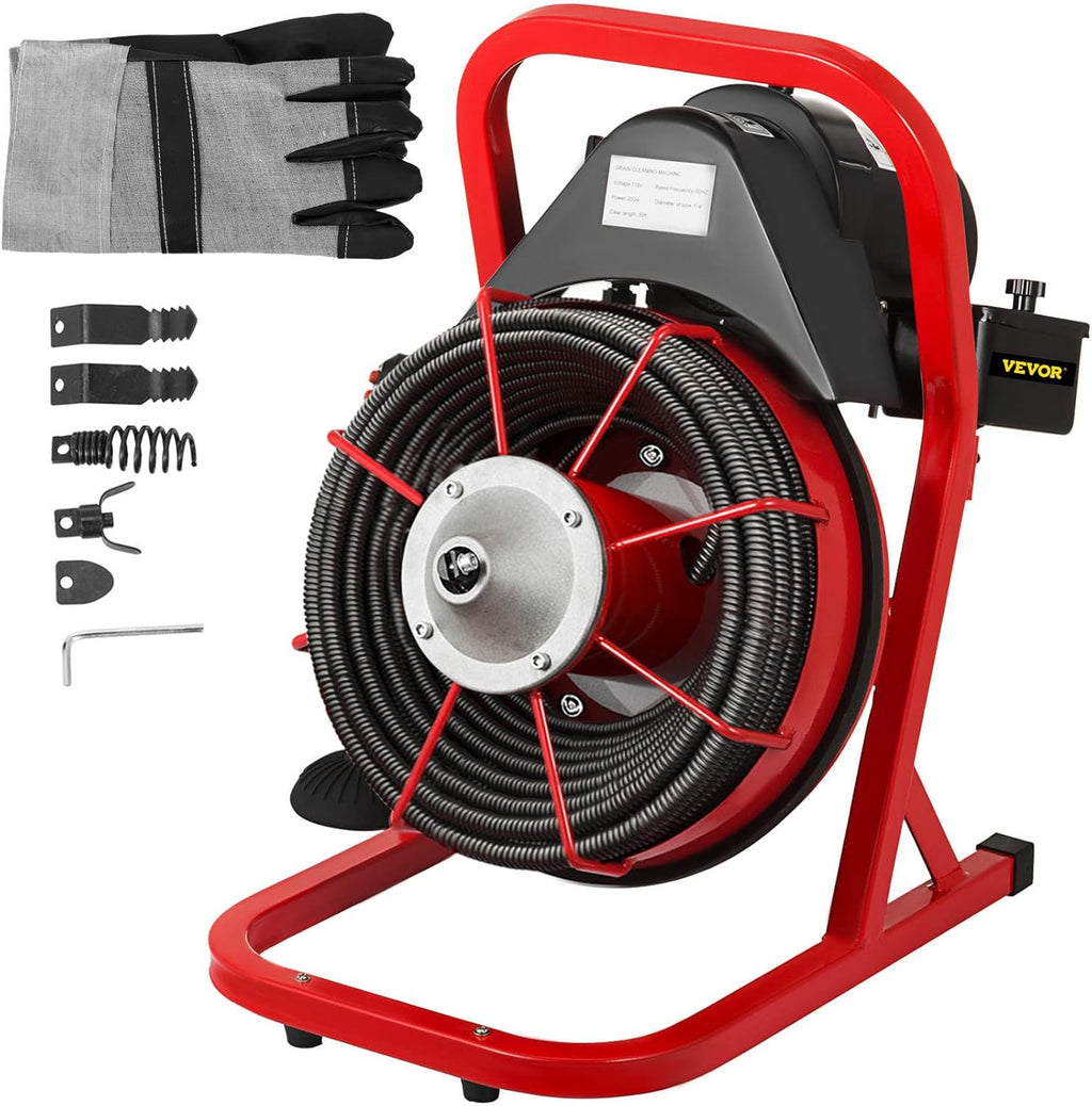 VEVOR 50 Ft x 1/2 Inch Drain Cleaner Machine Best fit 1”(25mm) to 4”(100mm) Pipes Drain Cleaning Machine Portable Drain Auger Cleaner with 4 Cutters Electric Drain Auger Plumbing Tool (50Ft x 1/2In)