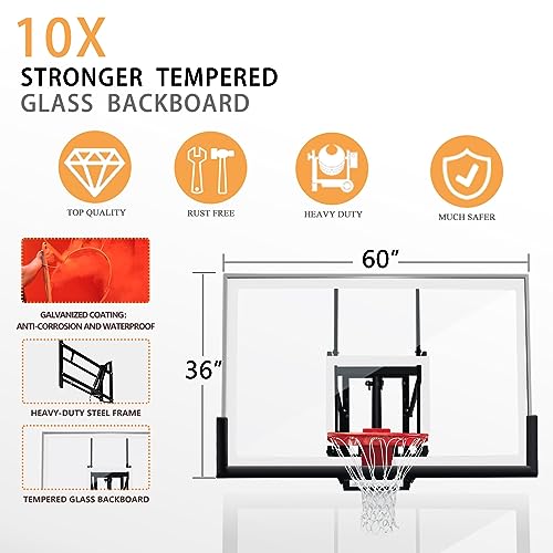 Basketball Hoop Wall Mounted Adjustable Height Tempered Glass Backboard Rim Net k7m