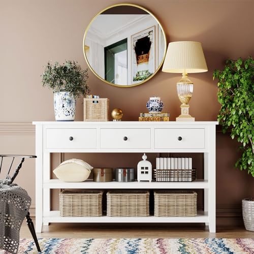 Console Hallway Table with 2 Shelves and 3 Drawers, Solid Wood, Beige k7m