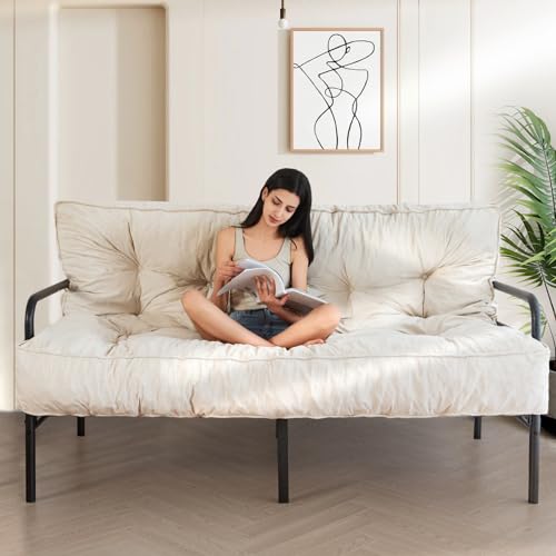 MAXYOYO 8" Futon Mattress Full Size, Extra Thick Futons Sofa Couch Bed, Velvet Floor Mattress for Adults, Shredded Foam Filling (Frame Not Included), Beige