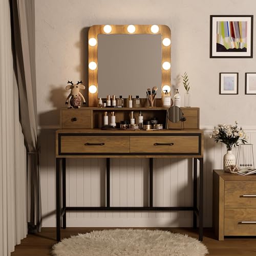 White Vanity Desk with Lighted Mirror and 4 Drawers k7p