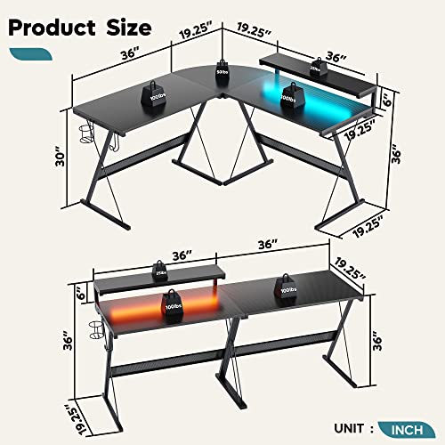 L Shaped Gaming Desk with LED 55 Inch, Carbon Fiber Black a7
