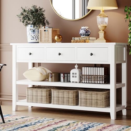 50" Console Hallway Table, Retro Design Entryway Table with 2 Open Shelves and 3 Storage Drawers Solid Wood Sofa Tables Home Furniture for Front Hall, Hallway, Sofa, Couch, Living Room,Beige
