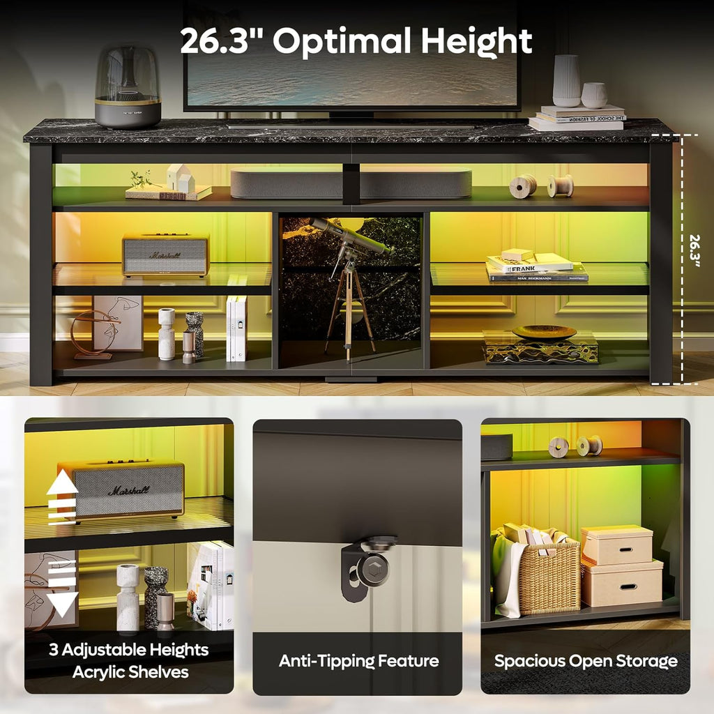 TV Stand for 65/70 inch TV, Entertainment Center with LED Lights, Storage Cabinet, Black Marble k7